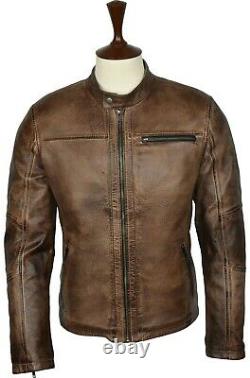 Mens Real Leather Distress Cafe Racer Vintage Brown Jacket