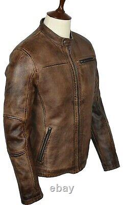 Mens Real Leather Distress Cafe Racer Vintage Brown Jacket