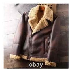 Mens Real Leather Distressed Brown Shearling Fur Bomber Aviator Sheepskin Jacket