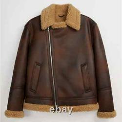 Mens Real Leather Distressed Brown Shearling Fur Bomber Aviator Sheepskin Jacket