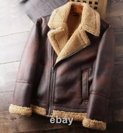 Mens Real Leather Distressed Brown Shearling Fur Bomber Aviator Sheepskin Jacket