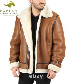 Mens Real Leather Distressed Brown Shearling Fur Bomber Aviator Sheepskin Jacket