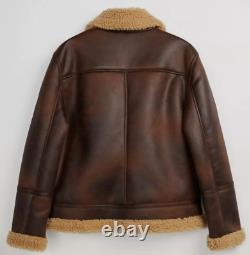 Mens Real Leather Distressed Brown Shearling Fur Bomber Aviator Sheepskin Jacket