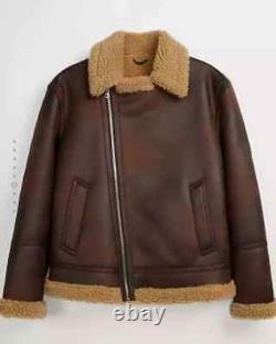 Mens Real Leather Distressed Brown Shearling Fur Bomber Aviator Sheepskin Jacket