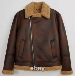 Mens Real Leather Distressed Brown Shearling Fur Bomber Aviator Sheepskin Jacket