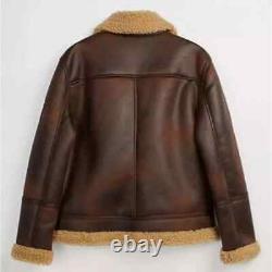 Mens Real Leather Distressed Brown Shearling Fur Bomber Aviator Sheepskin Jacket