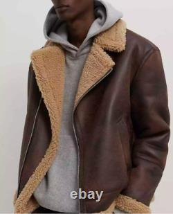 Mens Real Leather Distressed Brown Shearling Fur Bomber Aviator Sheepskin Jacket