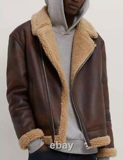 Mens Real Leather Distressed Brown Shearling Fur Bomber Aviator Sheepskin Jacket