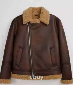 Mens Real Leather Distressed Brown Shearling Fur Bomber Aviator Sheepskin Jacket