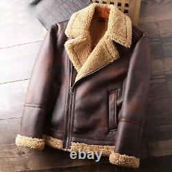 Mens Real Sheepskin Leather Bomber Aviator Distressed Brown Shearling Fur Jacket