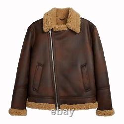 Mens Real Sheepskin Leather Bomber Aviator Distressed Brown Shearling Fur Jacket