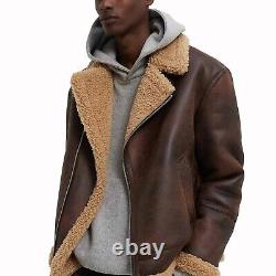 Mens Real Sheepskin Leather Bomber Aviator Distressed Brown Shearling Fur Jacket