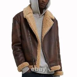 Mens Real Sheepskin Leather Bomber Aviator Distressed Brown Shearling Fur Jacket