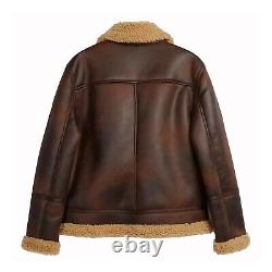 Mens Real Sheepskin Leather Bomber Aviator Distressed Brown Shearling Fur Jacket