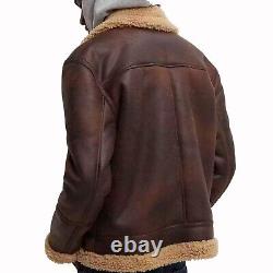 Mens Real Sheepskin Leather Bomber Aviator Distressed Brown Shearling Fur Jacket