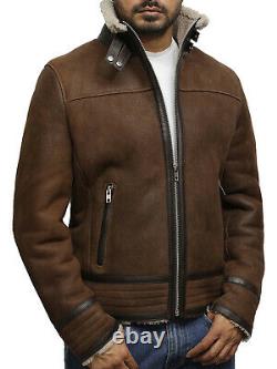 Mens Real Sheepskin Retro RAF Pilot Distressed Brown Leather Jacket Thick Fur
