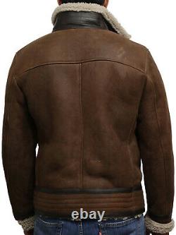Mens Real Sheepskin Retro RAF Pilot Distressed Brown Leather Jacket Thick Fur