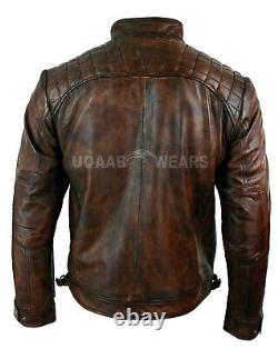 Mens Retro Style Biker Real Leather Jacket Casual Distressed Leather Fashion