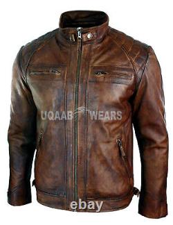 Mens Retro Style Biker Real Leather Jacket Casual Distressed Leather Fashion