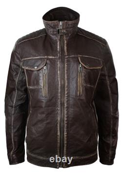 Mens Retro Vintage Distressed Jacket Real Washed Leather Brown Black Rub Off