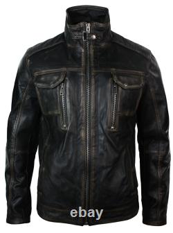 Mens Retro Vintage Distressed Jacket Real Washed Leather Brown Black Rub Off