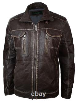 Mens Retro Vintage Distressed Jacket Real Washed Leather Brown Black Rub Off