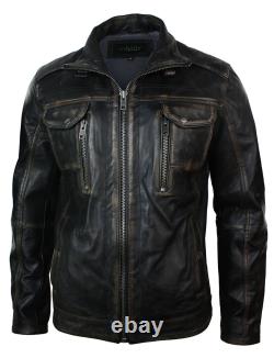 Mens Retro Vintage Distressed Jacket Real Washed Leather Brown Black Rub Off