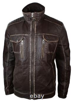 Mens Retro Vintage Distressed Jacket Real Washed Leather Brown Black Rub Off