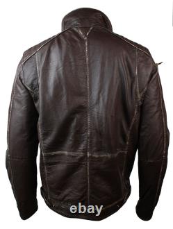 Mens Retro Vintage Distressed Jacket Real Washed Leather Brown Black Rub Off