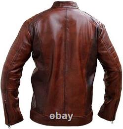 Mens Slim Fit Biker Brown Vintage Distressed Cafe Racer Real Leather Jacket Uk