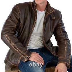 Mens Stylish Biker Vintage Motorcycle Distressed Brown Cafe Racer Leather Jacket