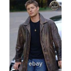 Mens Supernatural Dean Winchester Distressed Brown Genuine Leather Coat Jacket