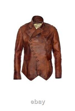 Mens Tan Brown Steampunk Dieselpunk Leather Distressed Tailored Biker Jacket