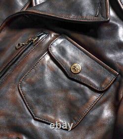 Mens Tea core Horsehide Distressed Leather Vintage Style Motorcycle Biker Jacket