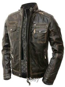 Mens Terminator Distressed Brown Real Leather Jacket Vintage Cafe Racer Biker