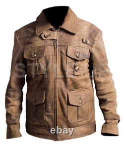 Mens The Expendables Jason Satham Casual Distressed Brown Genuine Leather Jacket