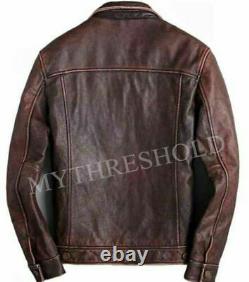 Mens Trucker Brown Real Genuine Leather Biker Cafe Racer vintage Jacket