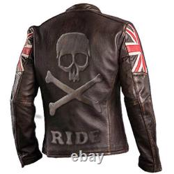 Mens UK Flag Union Jack Cafe Racer Distressed Brown Leather Jacket