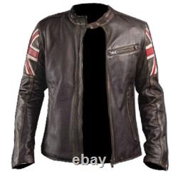 Mens UK Flag Union Jack Cafe Racer Distressed Brown Leather Jacket