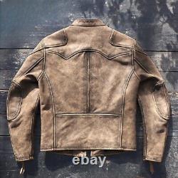 Mens Vegetable Tanned Cowhide Distressed Style Biker Jacket Heavy Cow Leather 14