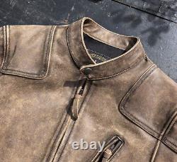 Mens Vegetable Tanned Cowhide Distressed Style Biker Jacket Heavy Cow Leather 14