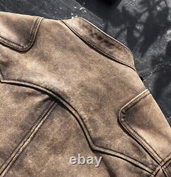 Mens Vegetable Tanned Cowhide Distressed Style Biker Jacket Heavy Cow Leather 14