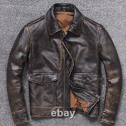 Mens Vintage A2 Bomber AIR Force Style Distressed Brown Real Leather Jacket