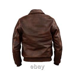Mens Vintage Air Force A2 Aviator Flight Bomber Distressed Brown Leather Jacket