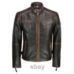 Mens Vintage Antique Washed Distressed Brown Real Leather Biker Jacket Retro