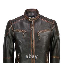 Mens Vintage Antique Washed Distressed Brown Real Leather Biker Jacket Retro