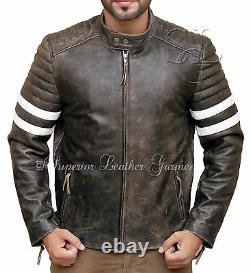 Mens Vintage Biker Distressed Antique Brown Leather Jacket