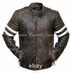 Mens Vintage Biker Distressed Antique Brown Leather Jacket