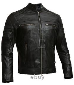 Mens Vintage Biker Distressed Brown and Black Cafe Racer Genuine Leather Jacket