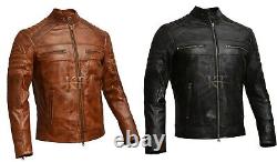 Mens Vintage Biker Distressed Brown and Black Cafe Racer Genuine Leather Jacket